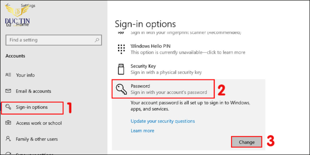 Nhấn vào mục Sign-in options, chọn Password và nhấn Change